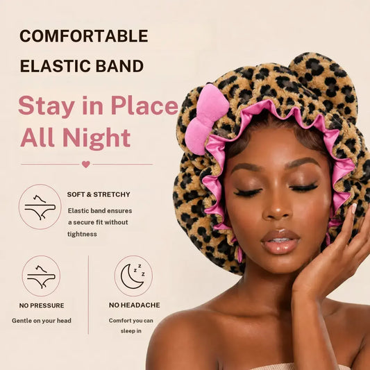 Cute Leopard Plush Ears Bow Women's Sleep Cap Ruffle Satin Lining Anti Frizz Hair Protection Night Cap Curly Haired During Sleep