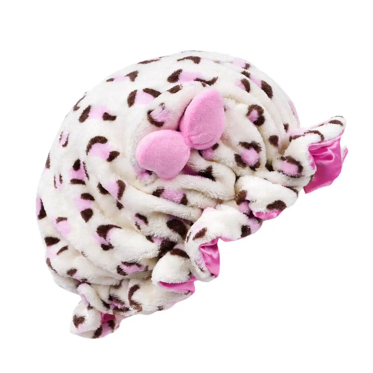 Cute Leopard Plush Ears Bow Women's Sleep Cap Ruffle Satin Lining Anti Frizz Hair Protection Night Cap Curly Haired During Sleep