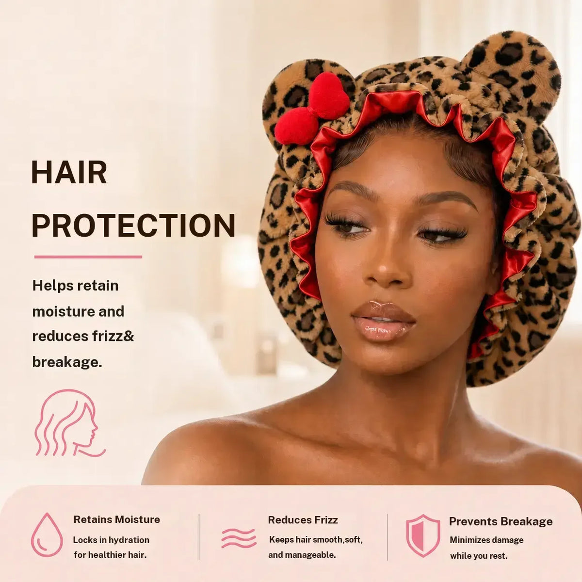 Cute Leopard Plush Ears Bow Women's Sleep Cap Ruffle Satin Lining Anti Frizz Hair Protection Night Cap Curly Haired During Sleep