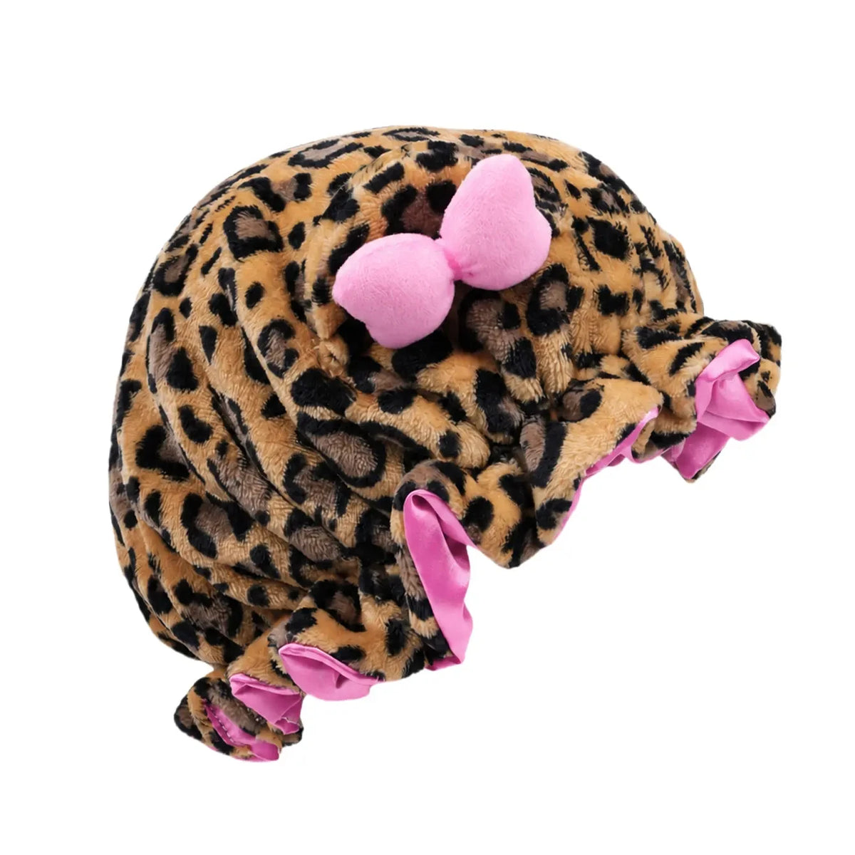 Cute Leopard Plush Ears Bow Women's Sleep Cap Ruffle Satin Lining Anti Frizz Hair Protection Night Cap Curly Haired During Sleep