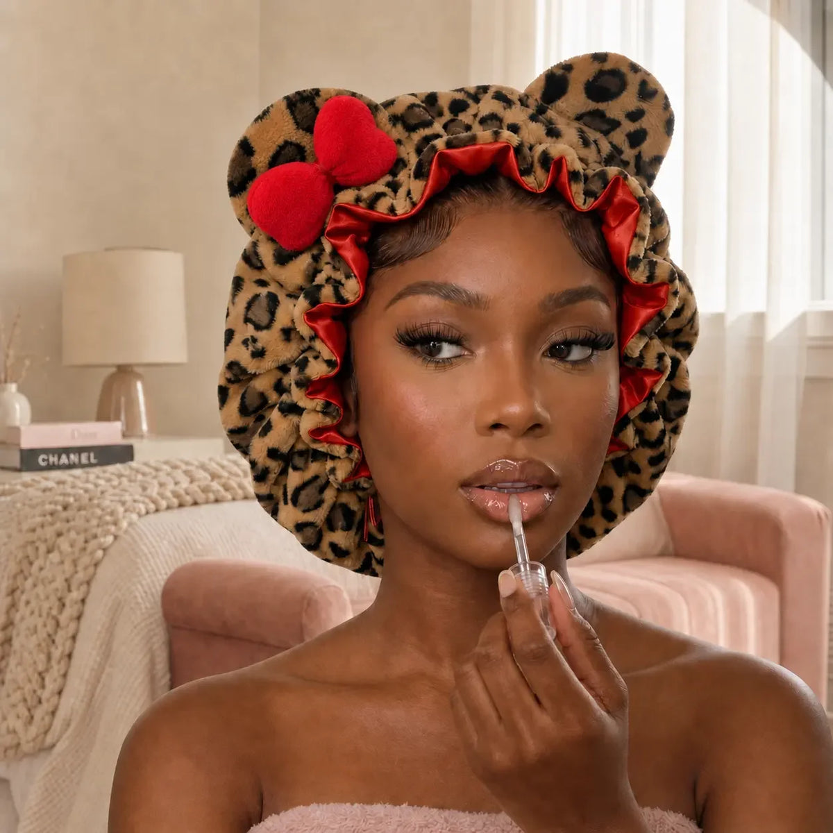 Cute Leopard Plush Ears Bow Women's Sleep Cap Ruffle Satin Lining Anti Frizz Hair Protection Night Cap Curly Haired During Sleep