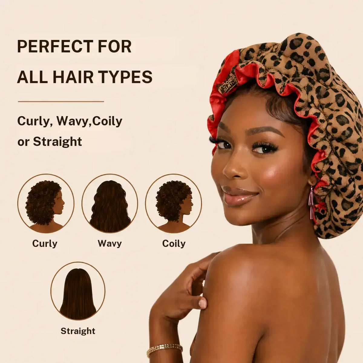 Cute Leopard Plush Ears Bow Women's Sleep Cap Ruffle Satin Lining Anti Frizz Hair Protection Night Cap Curly Haired During Sleep
