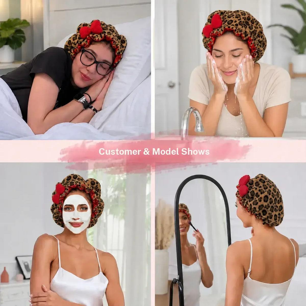 Cute Leopard Plush Ears Bow Women's Sleep Cap Ruffle Satin Lining Anti Frizz Hair Protection Night Cap Curly Haired During Sleep